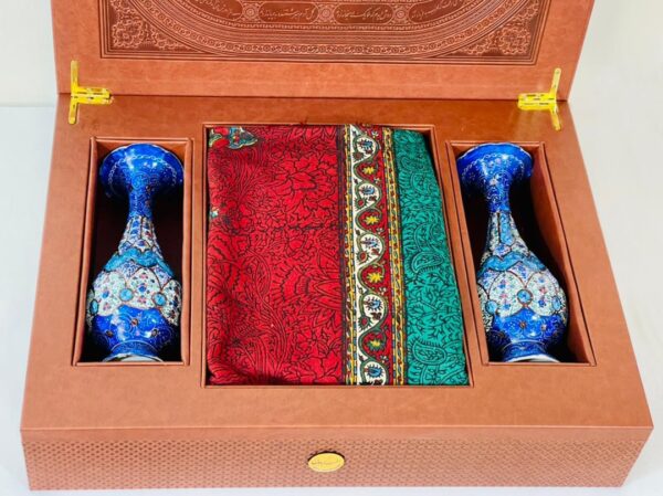 ست گلدان میناکاری و قلمکار با جعبه چرمی